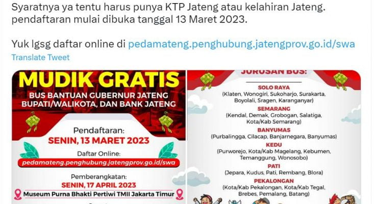 Info Mudik Gratis Jabodetabek ke Jawa Tengah