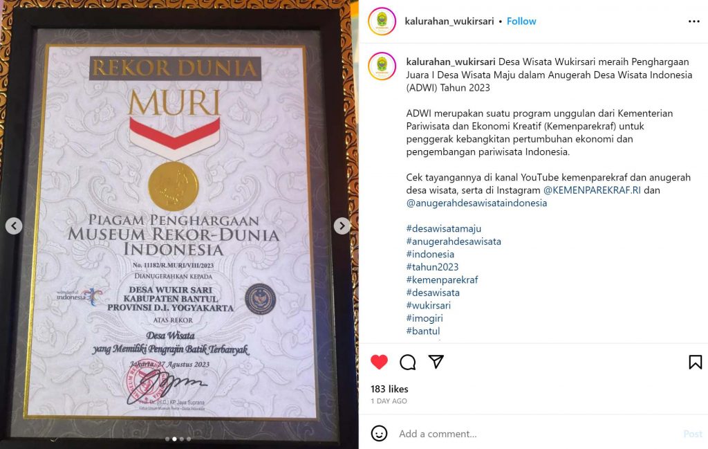 Desa Wisata Wukirsari meraih Penghargaan Juara I Desa Wisata Maju dalam Anugerah Desa Wisata Indonesia (ADWI) Tahun 2023