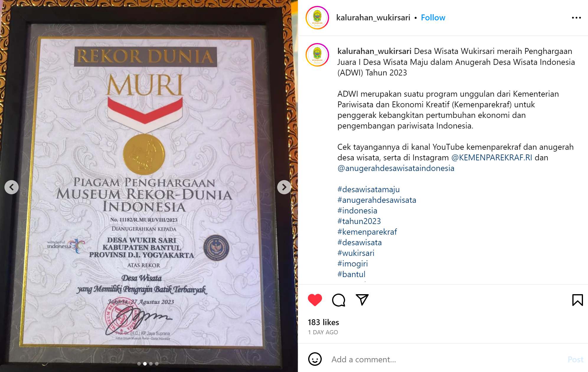 Desa Wukirsari Meraih Penghargaan Juara 1 Desa Wisata Maju dalam Anugerah Desa Wisata Indonesia (ADWI) Tahun 2023